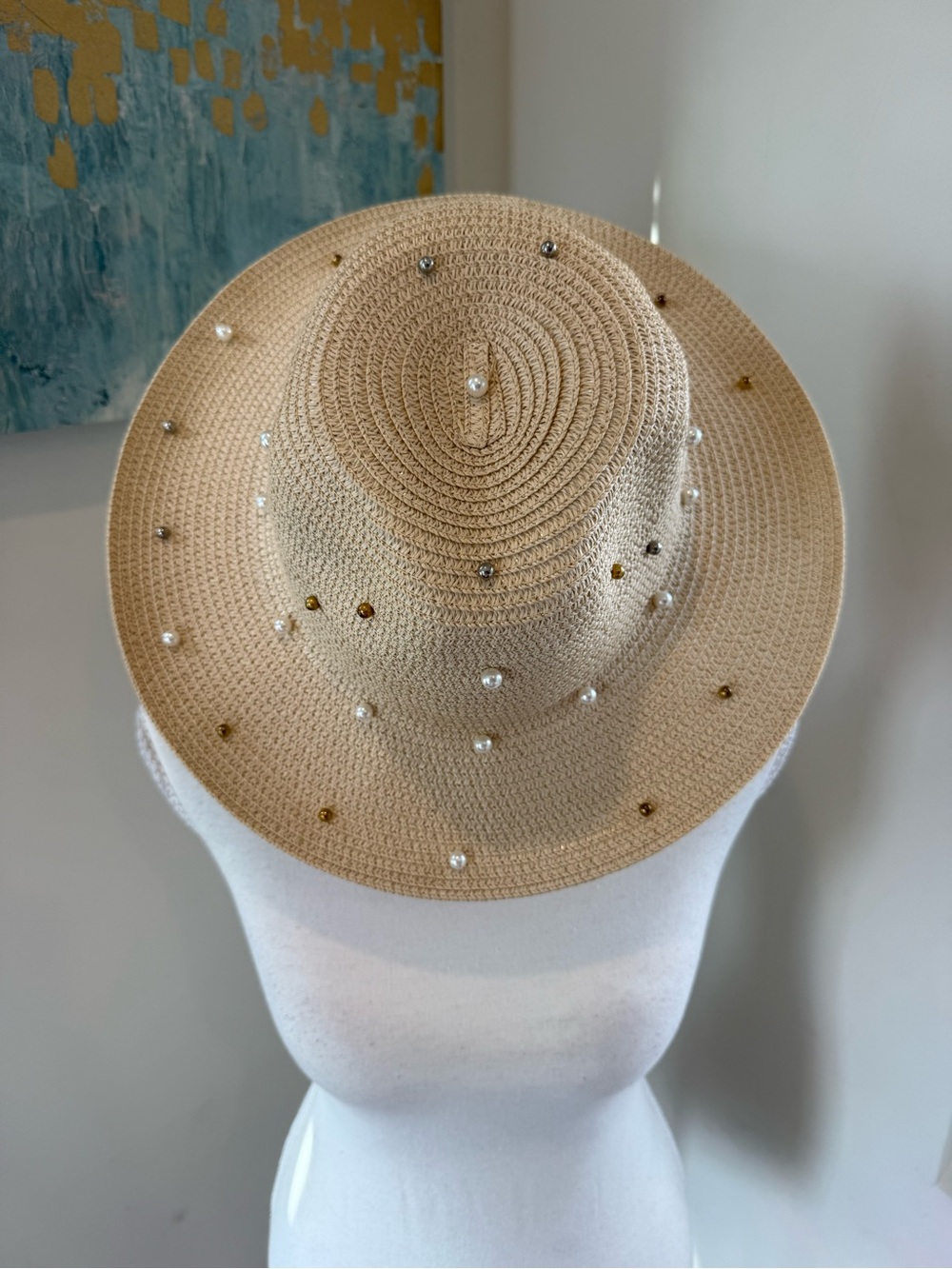American Exchange Pearl & Gold-Studded Beige Straw Sun Hat